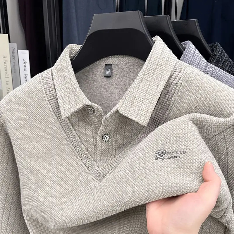 Mens Sweater Polo Collar Label Patchwork Stripes Plush Wool Liner Knitted Thickened y Print Thermo Menswear 260914