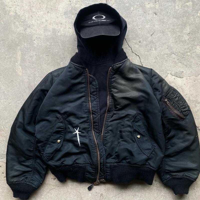 Mens Star Embroidery Flight Bomber Jacket Vintage Full Zip Ribbed Cuffs Hem Side Pockets Casual Streetwear Outer Coat