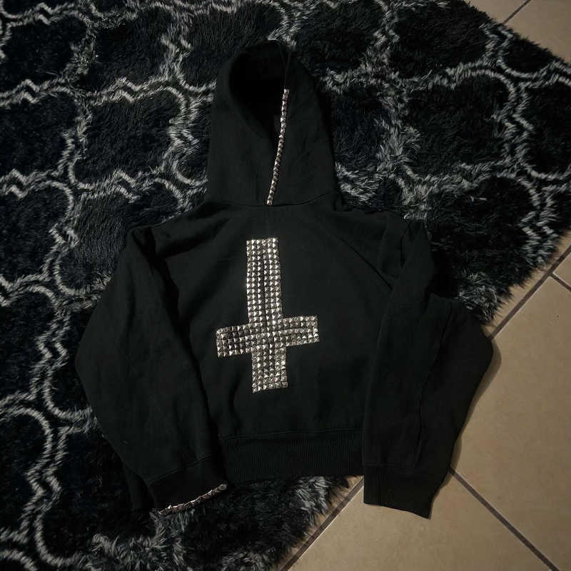 with hoodie Unisex loose autumn/winter and casual style cross metal rivet design cardigan sweatshirt punk rock hip-hop and D260915