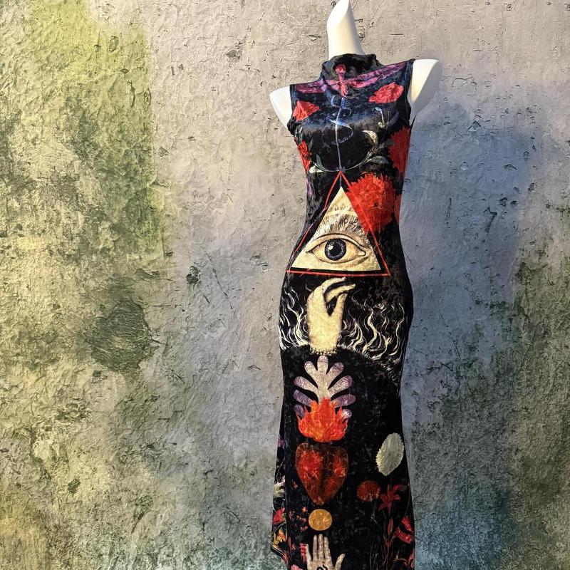 Y2K – robe moulante sans manches, Style chinois, imprimé œil de dieu, taille basse, mi-longue, coupe cintrée, Club de fête, Streetwear pour femme