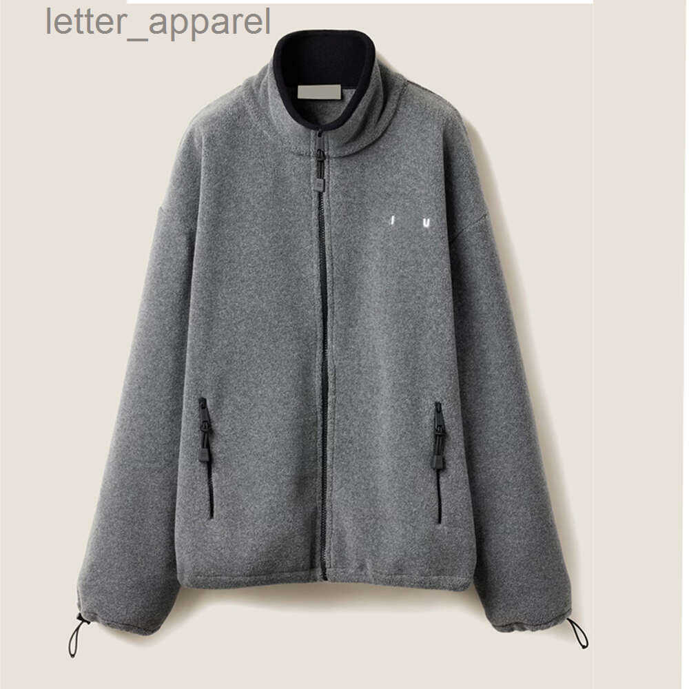 Miu Designer Zipper Gray Polar Fleece Jacket Autumn MM Letters Embroidery Spring Long Sleeve Sweatshirt Luxury Brand Preppy Street Style Coats 124