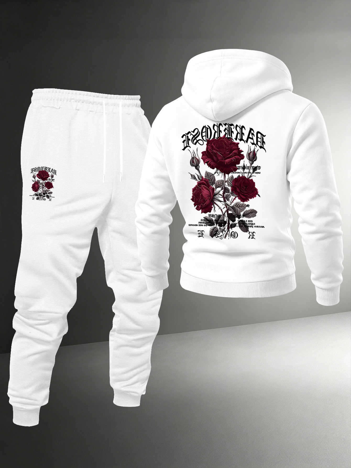 Floral Men Rose Gothic Dark Print 2Piece Tracksuit Hoodie Jogger Pants Set Vintage Style Male Casual Street Sweat Outfit D260915