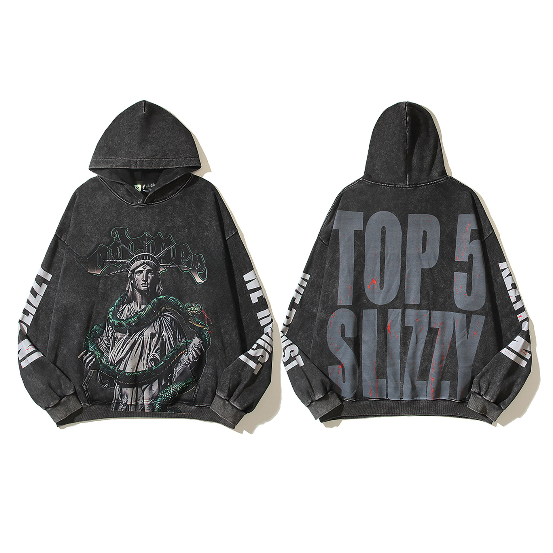 Godspeeded Shirt And Hoodie Long Sleeves Skull Thug Pattern Print High Quality Washed Distress Retro Trend Clothe Comfortable Street Fashion Graphic