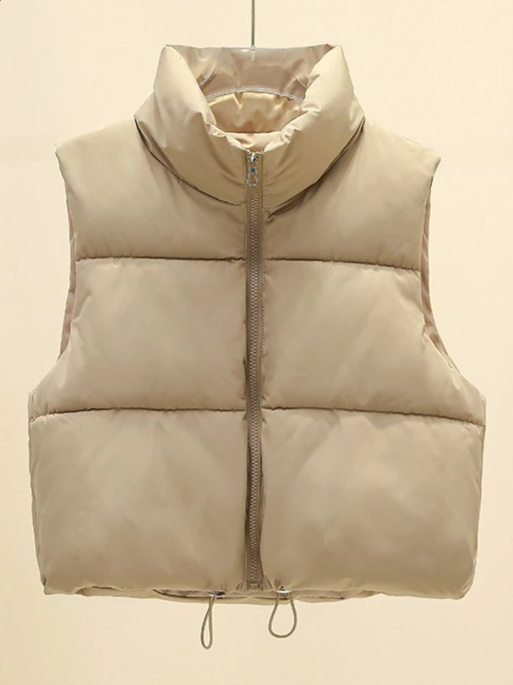Casual Standup Collar Vests Solid Color Vest Coat Women Winter Zipper Thickened Windproof Cold Tops Short Cotton Clothing 260914