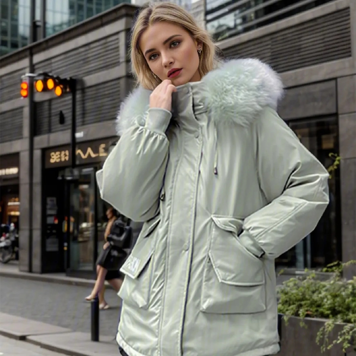 Puffer Jacket Overcome Womens Middle and Long Style New Autumn and Winter Plush Warm Cotton Clothes Slim Fit Large Cotton Padded Jacket M-3XL