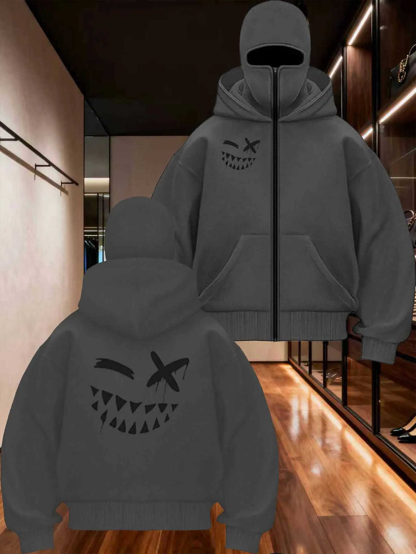 winter and autumn new 2026 hooded hood mask men's and women's hoodie Gothic smiling face pattern printed trendy casual D260915