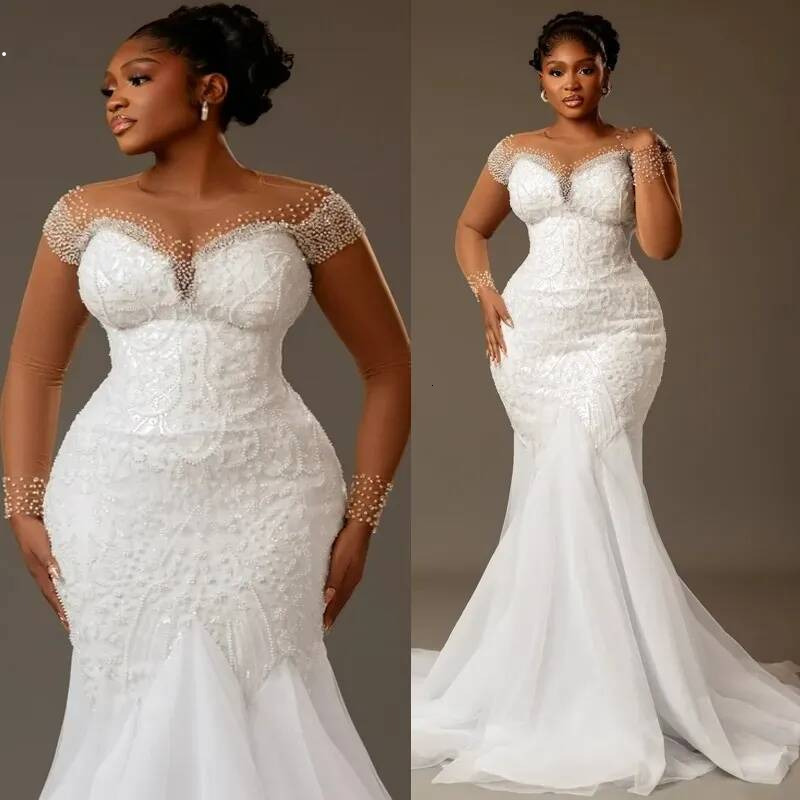 Elegant Off White Dress Bridal Bride Mermaid Sheer Neck Illusion Long Sleeves Beaded Lace Pearls Ruffles Wedding Gowns For Black Women D850