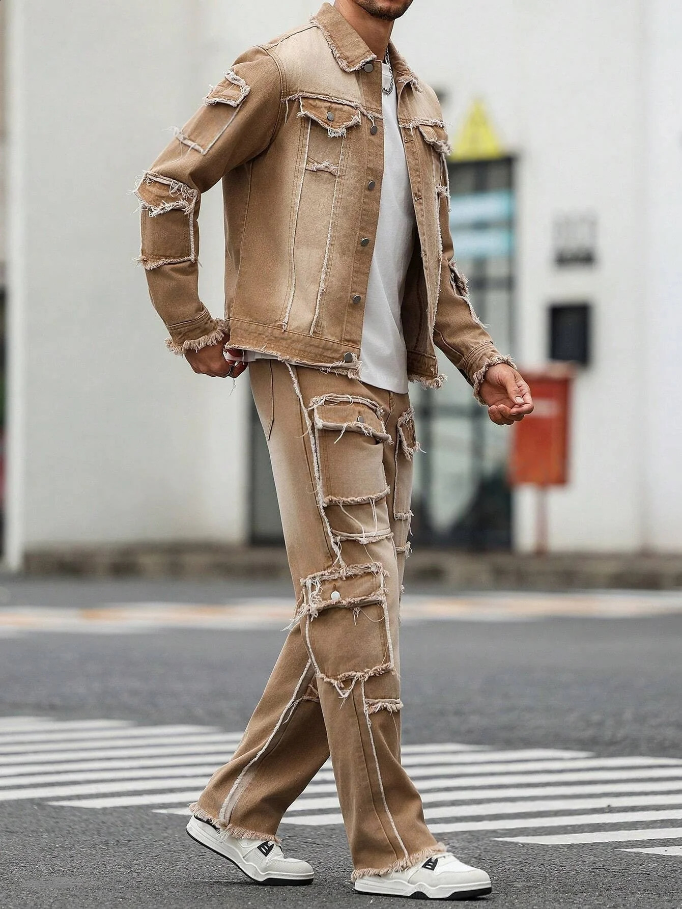 Men's Distressed Patchwork Denim Set - Khaki Washed Frayed Jacket Wide Leg Jeans Streetwear 260914