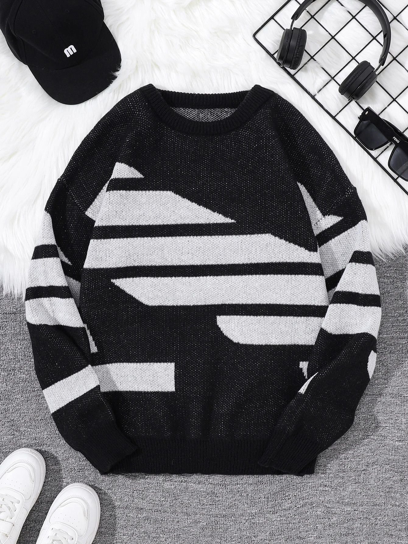 Parallel Striped Jacquard Pattern Pullover Sweater Casual Round Neck ColorBlock Knit Mens 260914