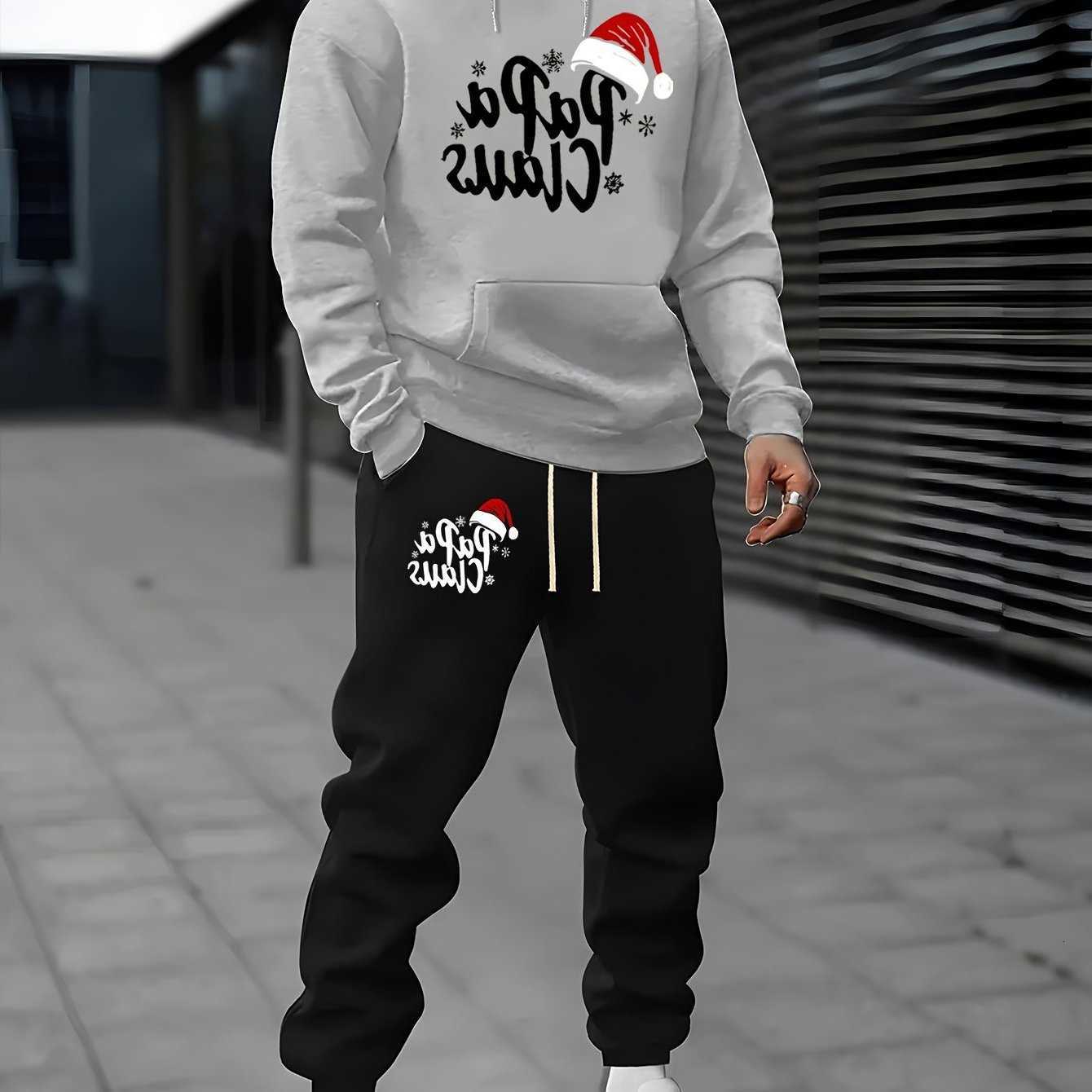 Set Holiday Men Hoodie Jogger Papa Claus Santa Print Hooded Sweatshirt Drawstring Joggers Casual 2Pcs OutfitDailyOutdoorWear D260915