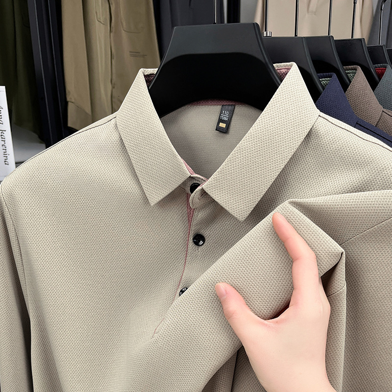 Designer New foreign trade long sleeve men's clothing breathable and loose in stock wholesale solid color polo shirt for middle aged dads a4