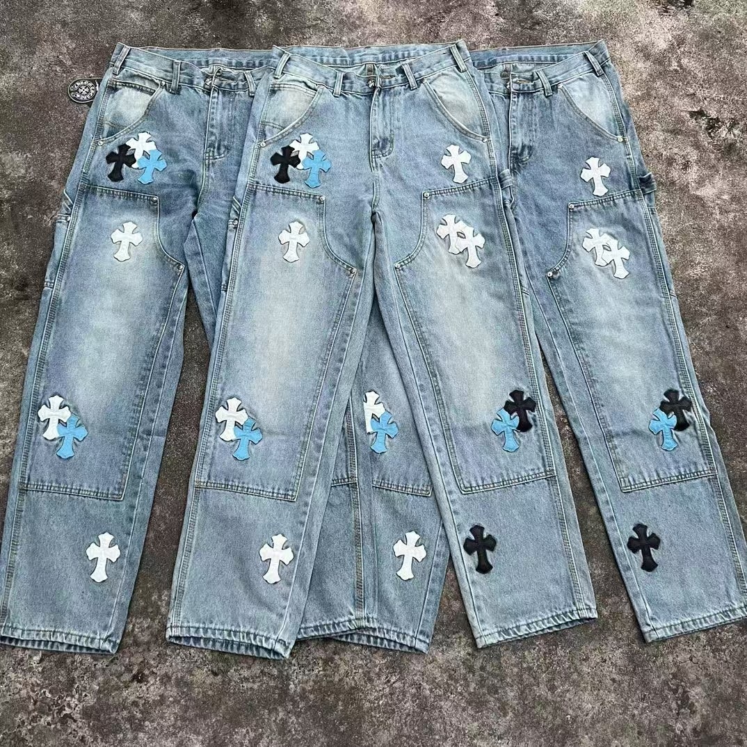 Luxury Brand Designer Clothes Multi Colors Cross Patchwork Embroidery Flared Jeans Unisex Streetwear Raw Hem Wide Leg Denim Pants