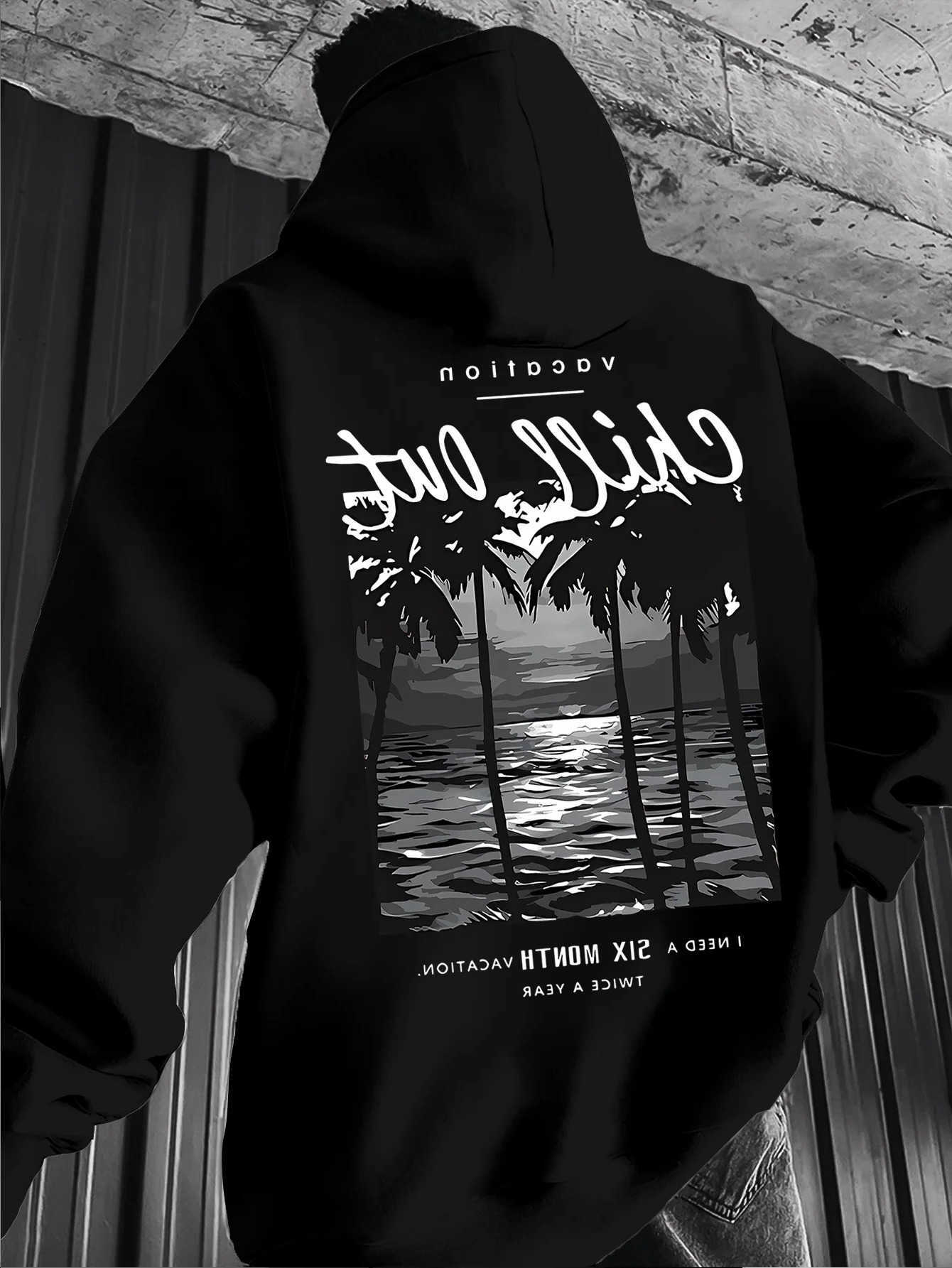 for Winter Hoodie Warm Men Vacation Chill Out Seaside Palm Tree Scenery Slogan Back Print Casual Loose Hoodie D260915