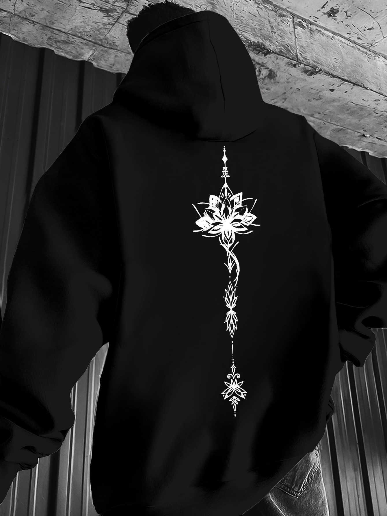 Trend Winter and Lotus Autumn Flower Mandala PrintHooded Sweatshirt Bohemian Spiritual Tattoo Style Men's Casual Sweatshirt D260915