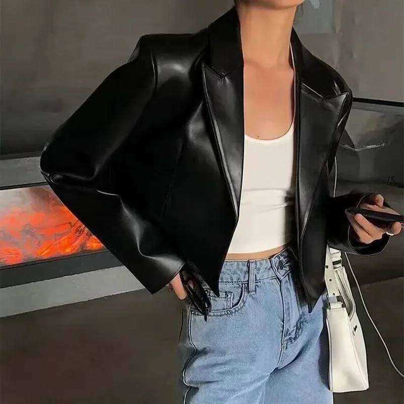 Women Xpqbb Leather Jacket Strt Short Lapel Black Biker Female Autumn Crop Coats S260915XWLC