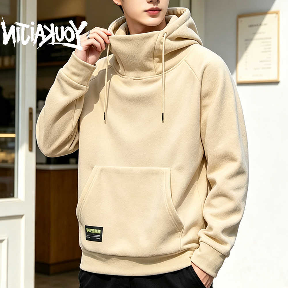 Solid Men's Sweatshirt Polar Color Street Style Autumn Winter Hood Sports Windproof Oversized High Collar Hoodie 5XL D260915