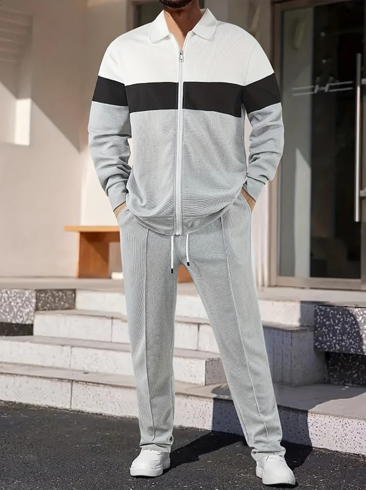 Waffle Mens Clothes Sets Spring Autumn Fashion Top Clothing Male Zipper y n Outerwear Party Daily Long Sleeves Pants 260914