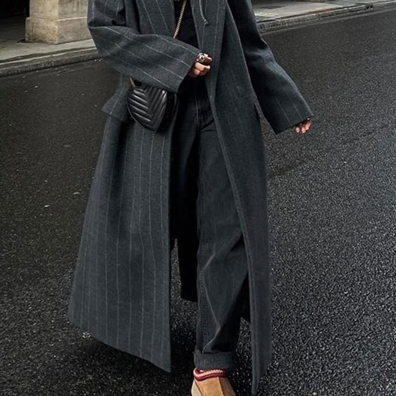 Trench-Coat Long rayé pour femmes, col à revers, ouvert sur le devant, manches longues, élégant, vêtements d'extérieur de banlieue, automne 2024