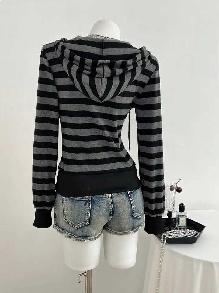 Hooded Street Fashion Zipper Retro Striped Jacket Thin Outerwear for Fall Winter Casual Long Sleeve Loose-Fit Top C260915