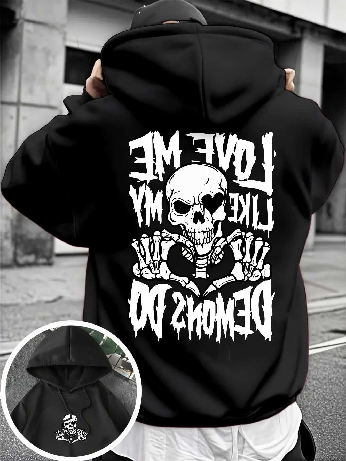 and Street skull trend men's heart gesture printed hooded sweatshirt for autumn and winter material fashionable and com D260915