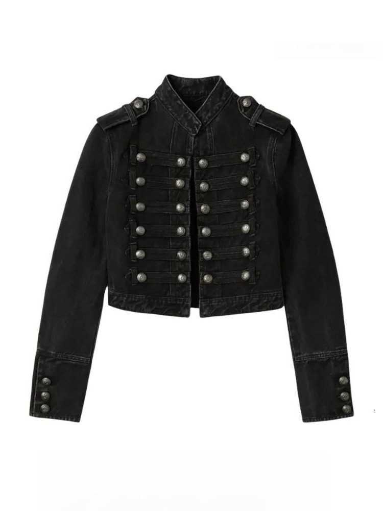 Stand Hussars Collar Double Breasted Button Old Money BLK Denim Jacket Women Boxy Coat Jacket Wo Coat Style S2609150ZKO