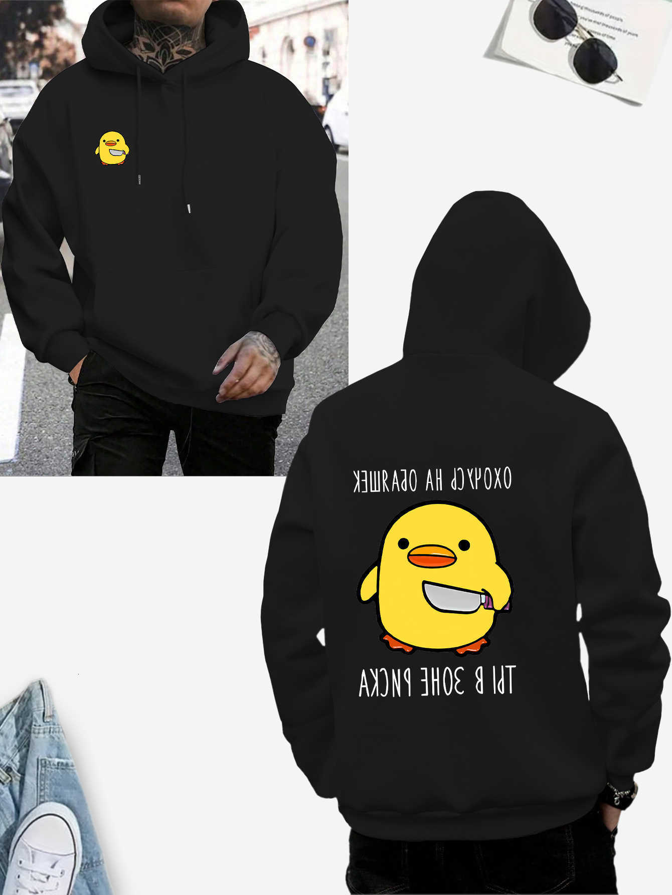 funny Russian-style -doghoodiewithcartoon duck New patternand knife tattooMen's casual loose pullover for autumn and winter. D260915