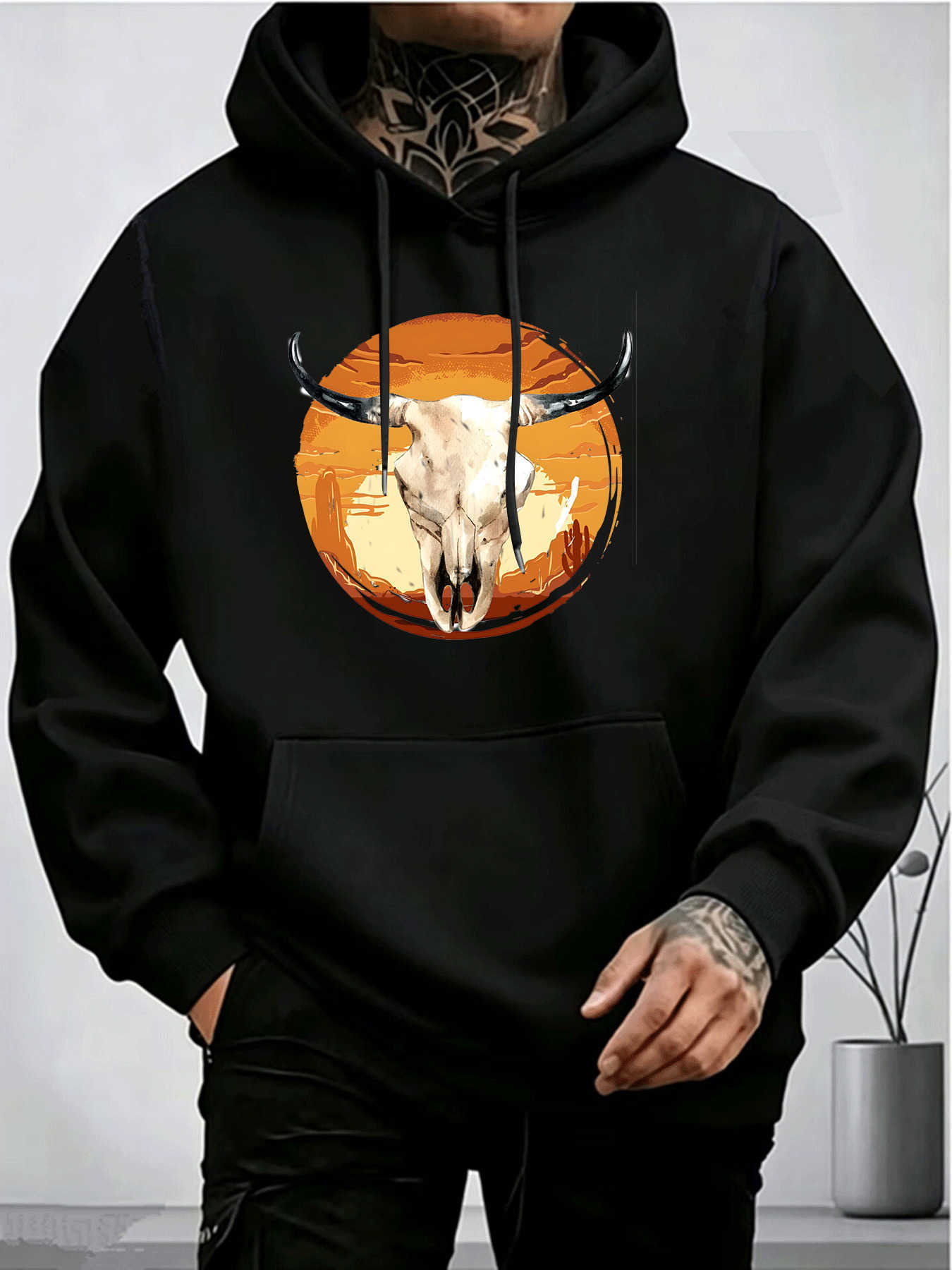 and women's black bull Men's skull day-off hooded sweatshirt western cow pattern printed sport shirt D260915