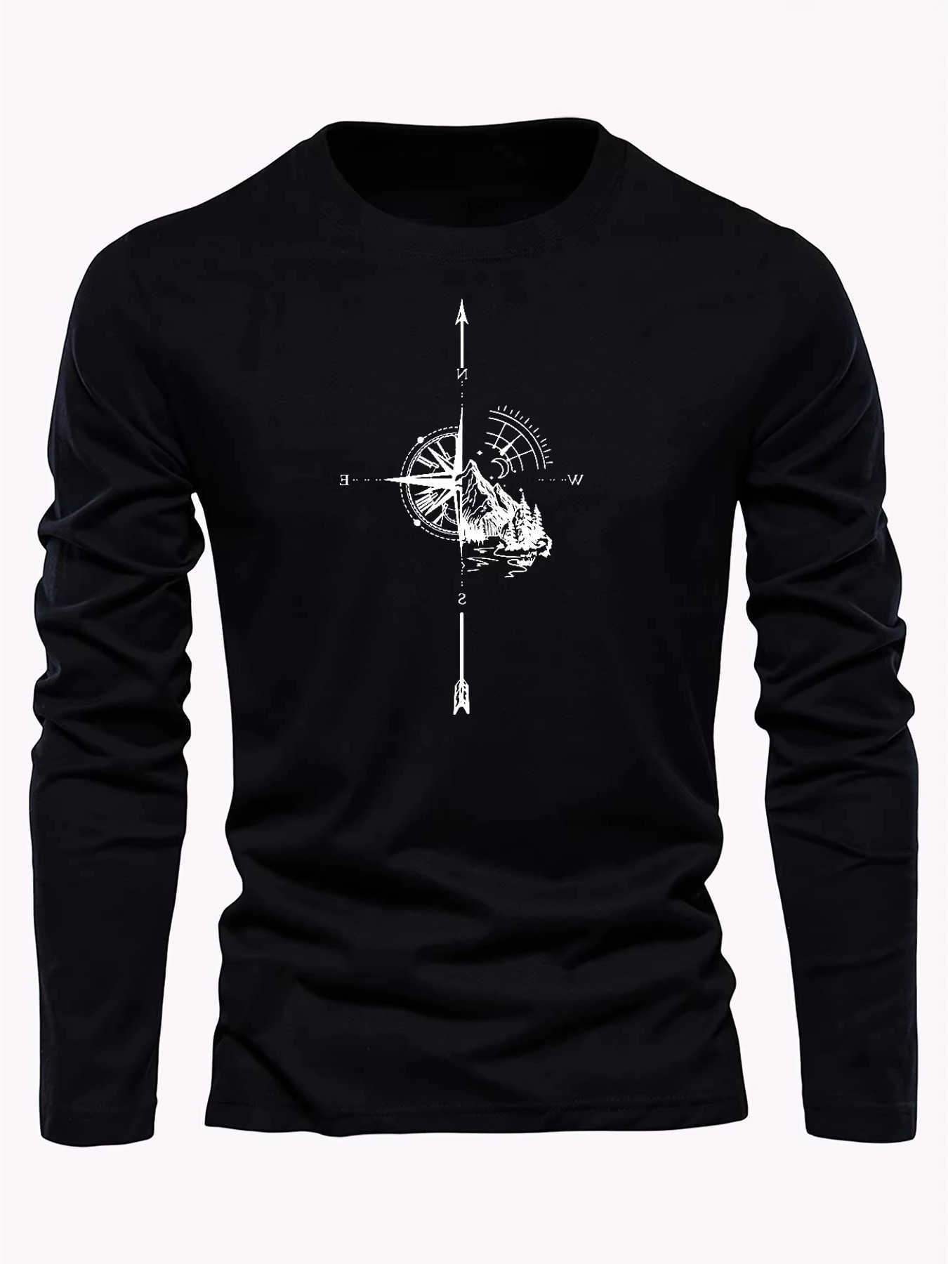 100_ pure cotton loose Men's fit comfortable sports and leisure mountain pattern printed round neck long sleeved T-shirt D260915