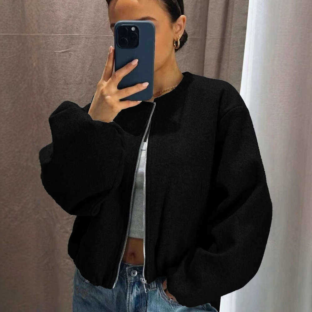 Winter Autumn Women's Baseball Bomber Jacket Strt Style Round Neck Drop Shoulder Lantern Zipper Coat S260915KJUK