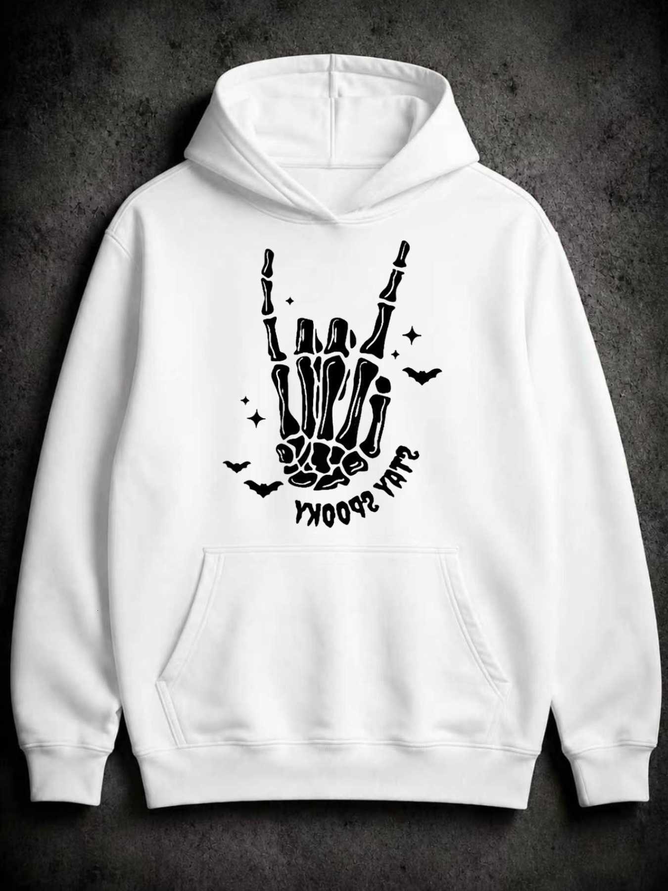Stay Mens Halloween Punk Hoodie Spooky Skeleton Rock Hand Bat Front Graphic Longsleeve Pullover Hooded Sweatshirt Spooky Party Casual Tops D260915