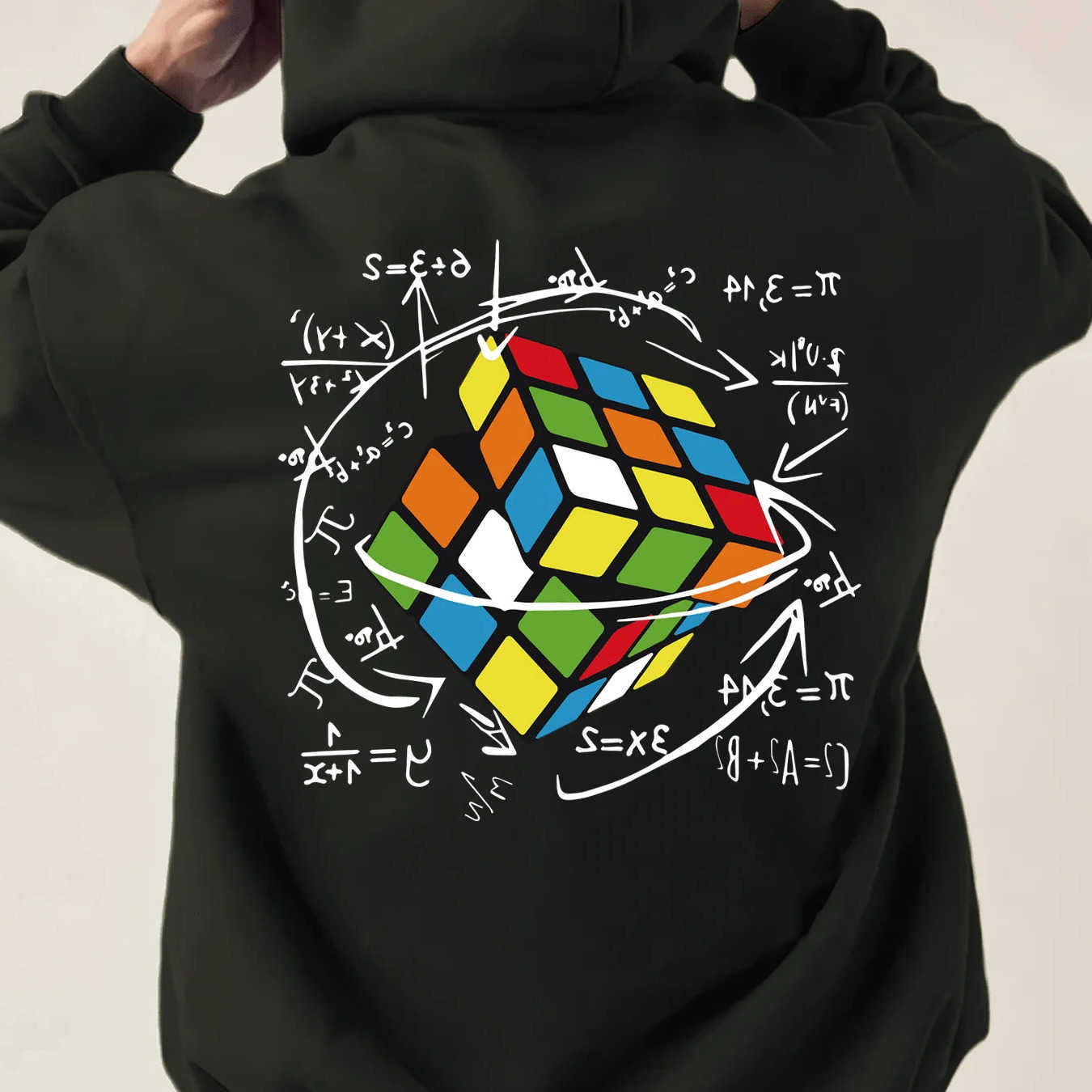 Cube Men's Geek Hoodie Rubik's Math Formula Chalkboard Graphic Back Print Oversized Pocket Pullover Sweatshirt Streetwear D260915
