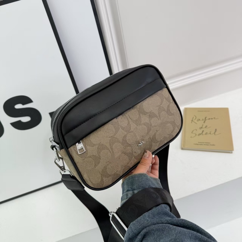 Retro Monogram Designer Camera Crossbody Bag, Black White Colorblock Canvas Sling Bag, Adjustable Wide Black Shoulder Strap Ladies Mens Daily Handba