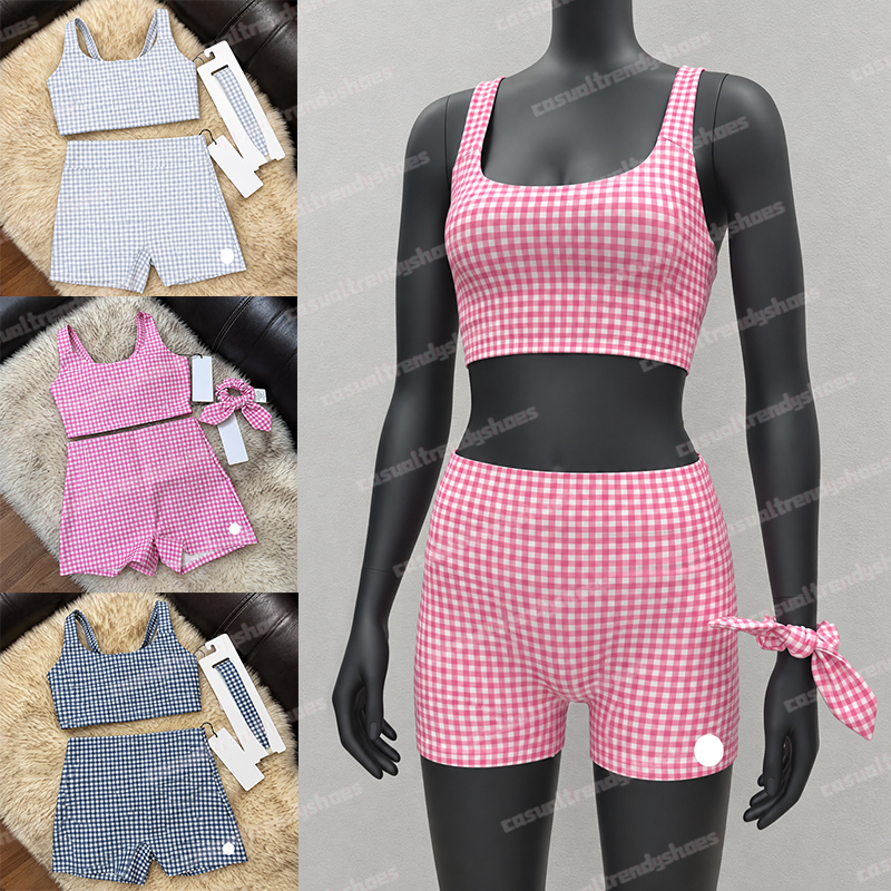 Womens Plaid Printed Yoga Sets Padded High Stretch Sports Fitness Quick Dry Tank Top High Waist Quick Dry Yoga Shorts Daily Active Bermuda Shorts