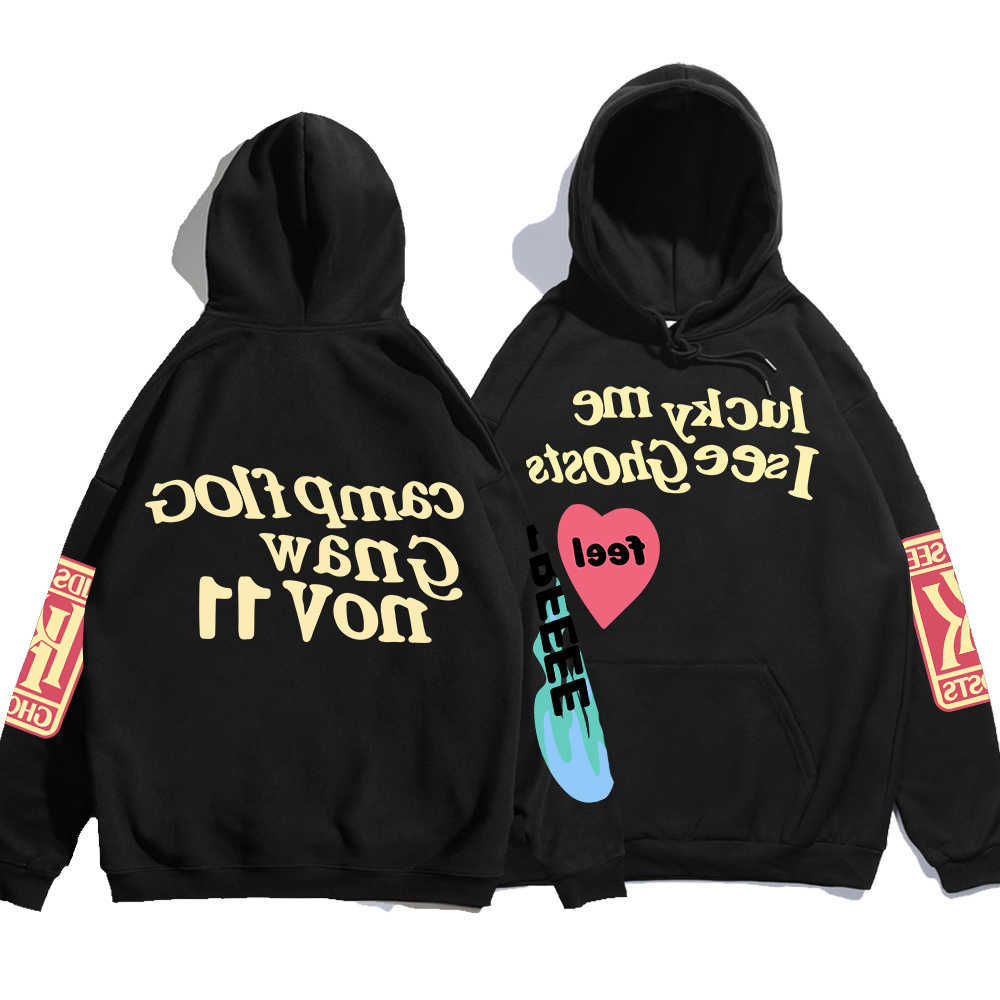 Hooded Graffiti Loose Letter Printed Sweatshirts Men Oversized Luck Me I See Ghosts Hoodie Unisex Pullover Hoody D260915