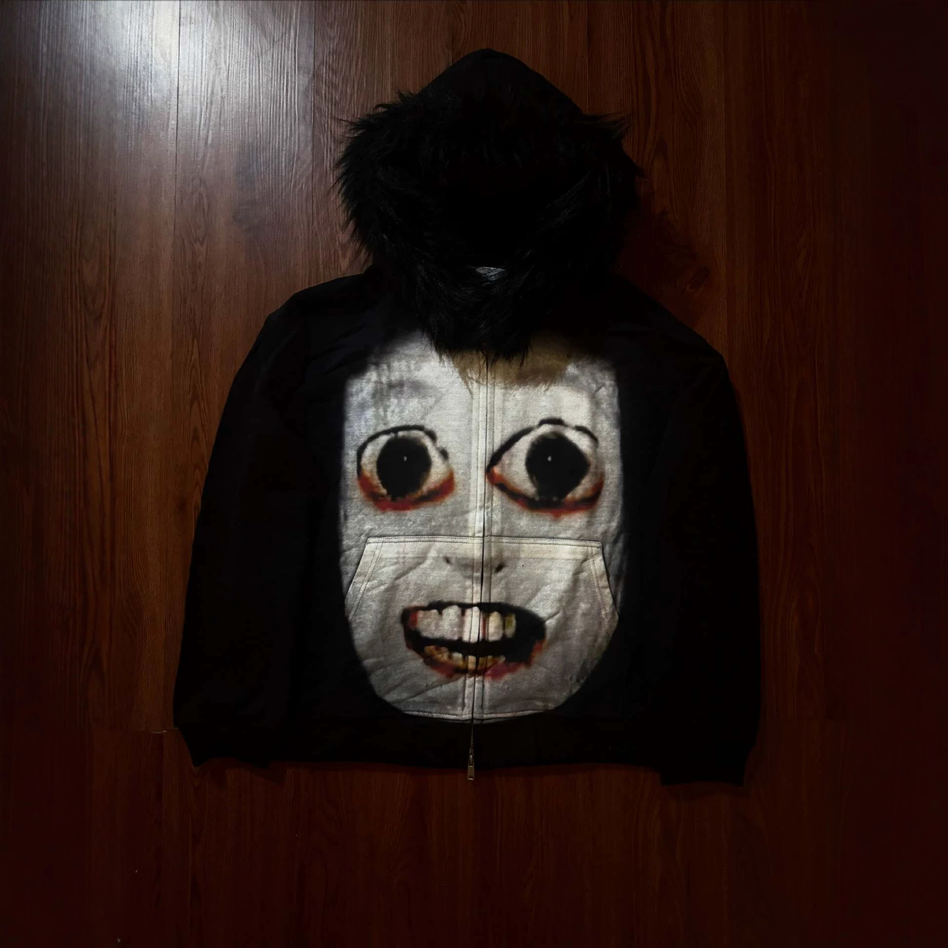 y2k American retro dark gothic punk high street fashion casual printed fur collar cardigan long sleeve sweatshirt 7d