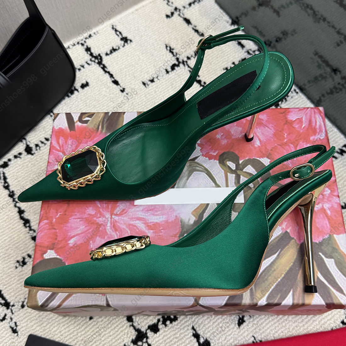 Mode satin slingbacks pierres précieuses sandales à talons hauts boucle de cheville décontractée chaussures habillées de luxe femmes élégantes ch