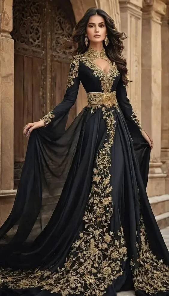 High Neck Prom Dresses Evening Luxury Black Long Sleeve Gold Applique Zipper Back A Line Formal Floor Length Custom Made Color/Size Youmaigowns