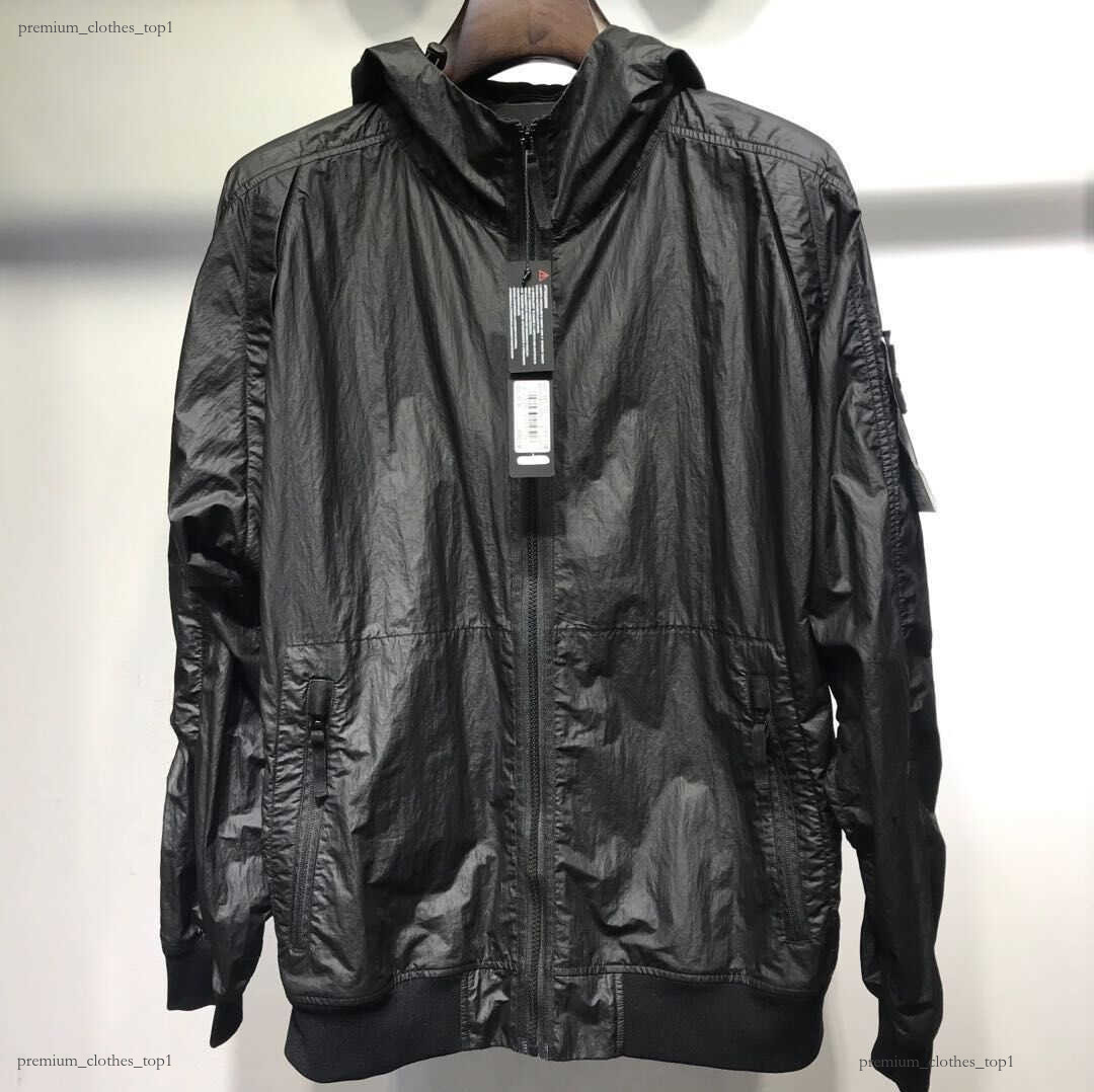 Stonees Black Jacket Metallic Crinkled Nylon Stons Hooded Bomber Coat Windproof Waterproof Outdoor Casual Men Women Top For Hiking Daily Light Shell