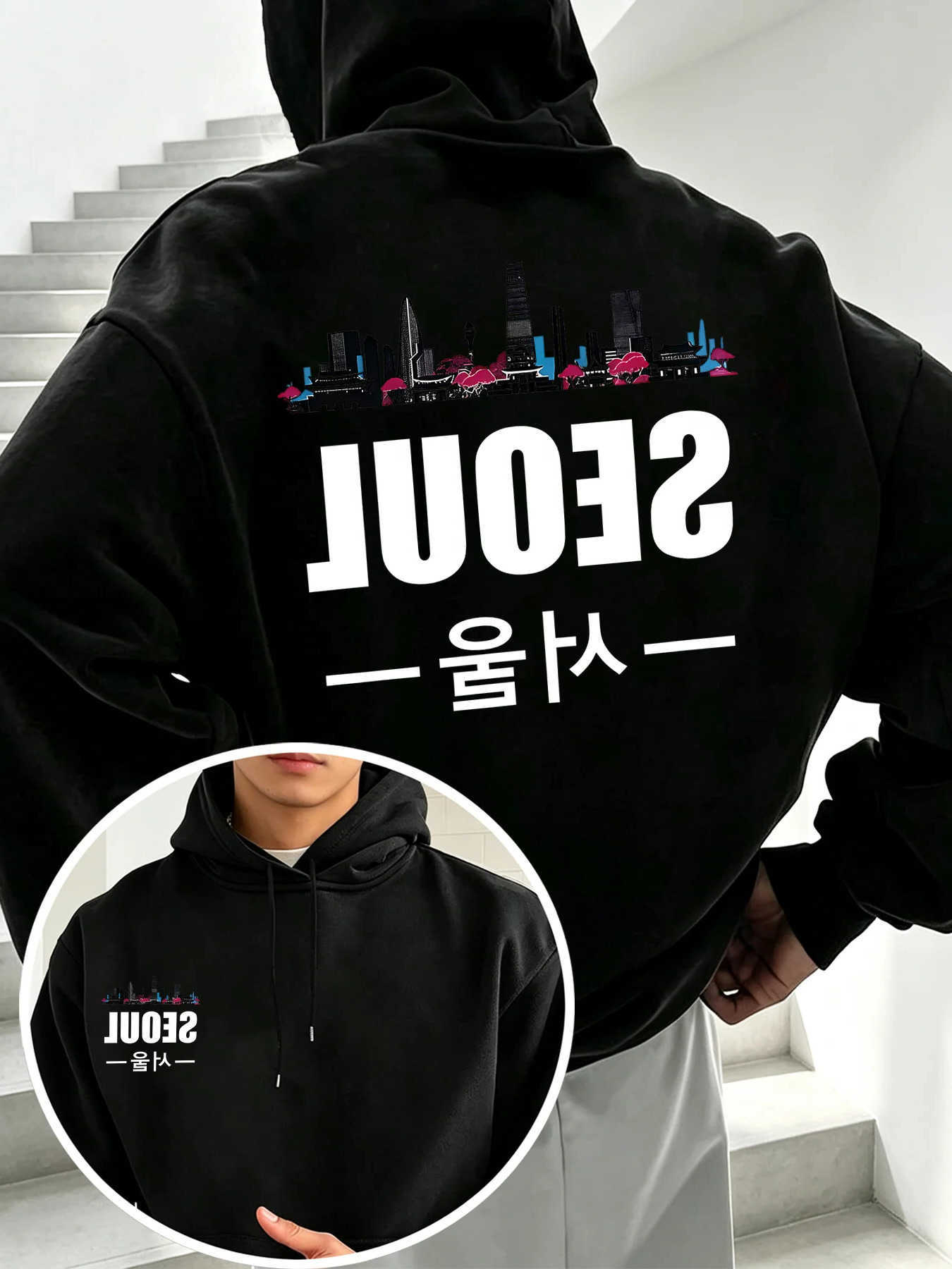 Seoul City Skyline Korean Men Letter Graphic Front And Back Print Hoodie PulloverweatshirtUrbanTravelStreetasualLooseHoodedTops D260915