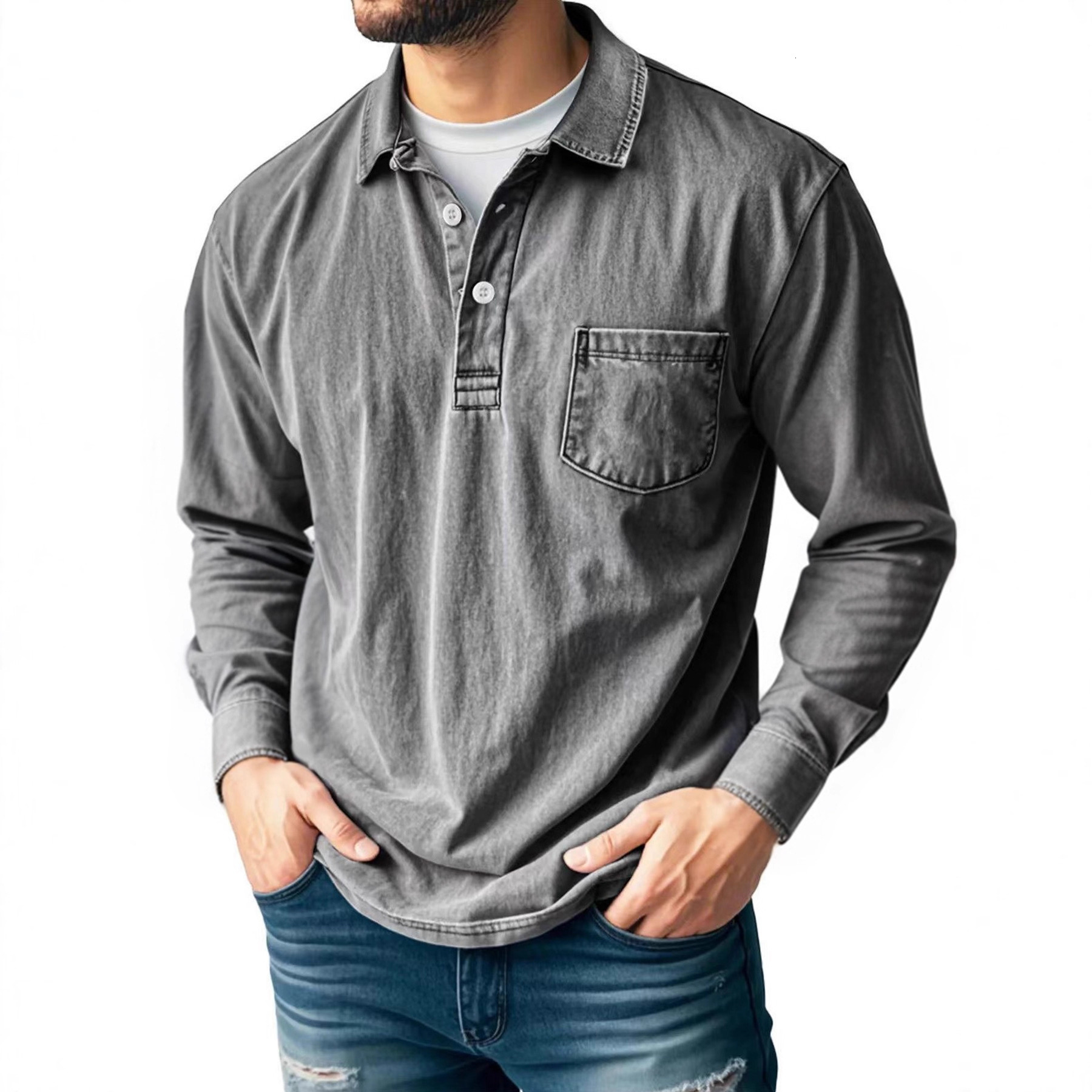 Designer 2026 European new clothing: American retro pure cotton washed and distressed men's long sleeve polo shirt 43