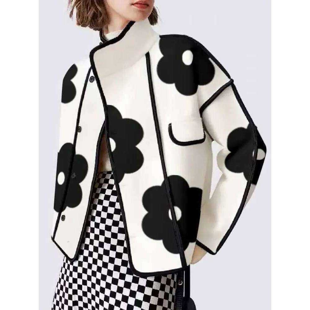 Spring Women Autumn Jackets Black Flower Print Neck Long Buttoned Casual Outerwear Coats New S260915SGLQ