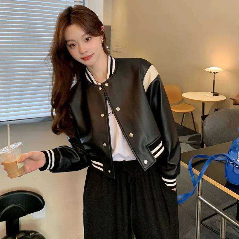 And Black White Color Block Loose Fit Bike Jacket For Women New Spring Autumn Casual Style Leather Clip-On J S260915FLFG
