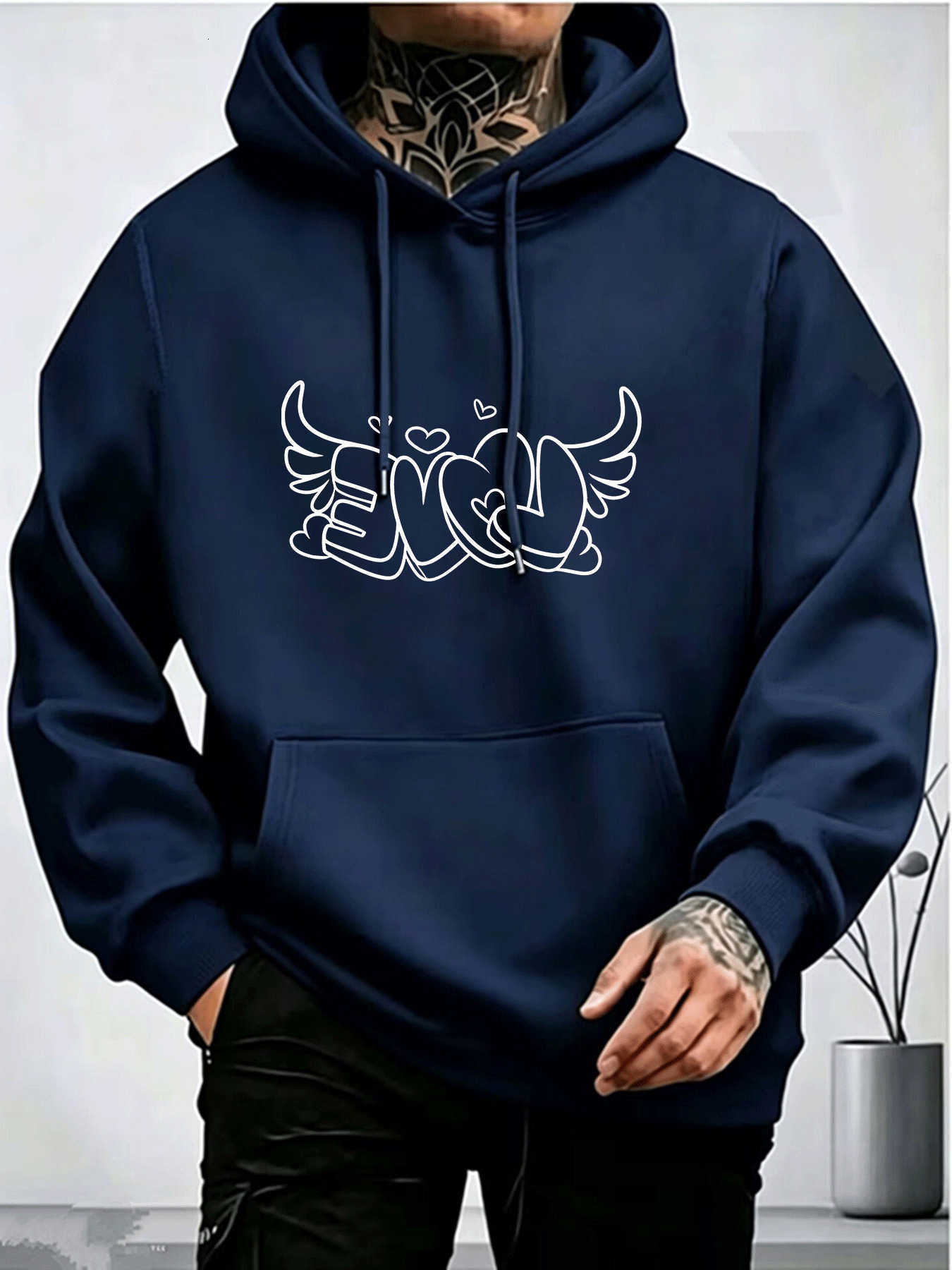 sweatshirt Trendy men's with hooded heart-shaped wings and a "LOVE" print perfect for autumn and winter A relaxed unisex style D26091