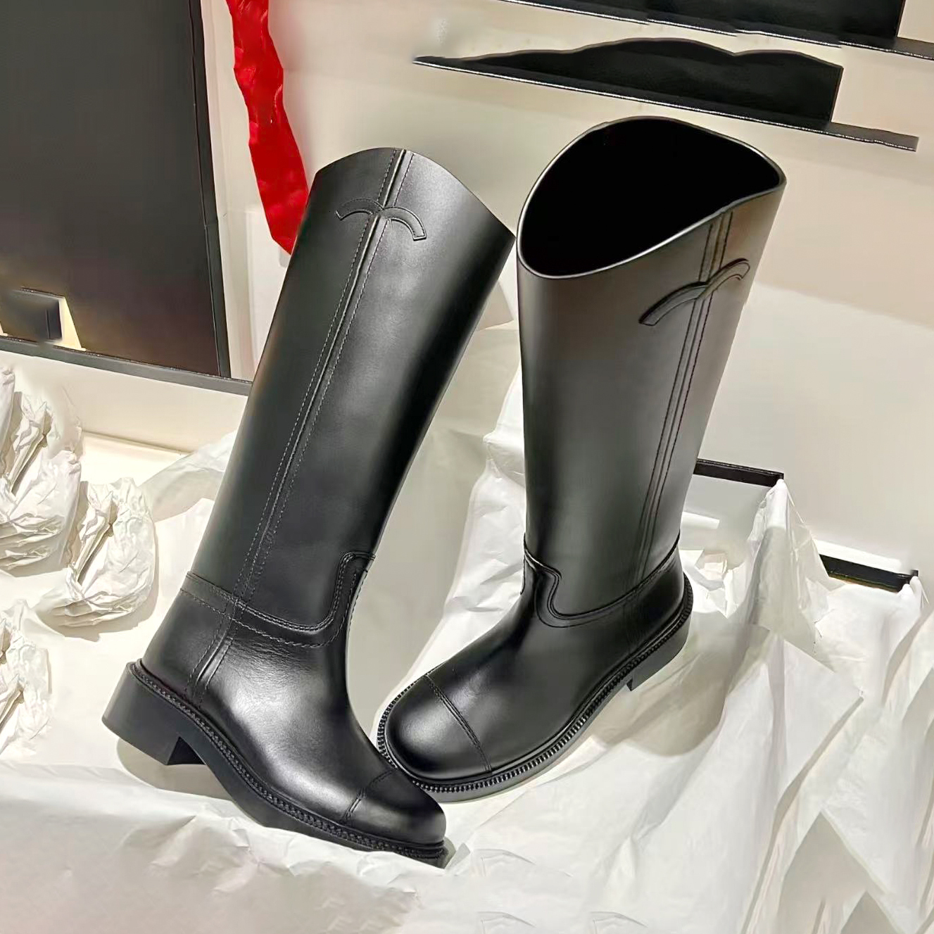 Fashion Womens Boots Channelle Low Heel Riding Knee boot Soft Genuine Leather luxurys Designer vintage High quality Dress shoe Roman Thigh High Boot