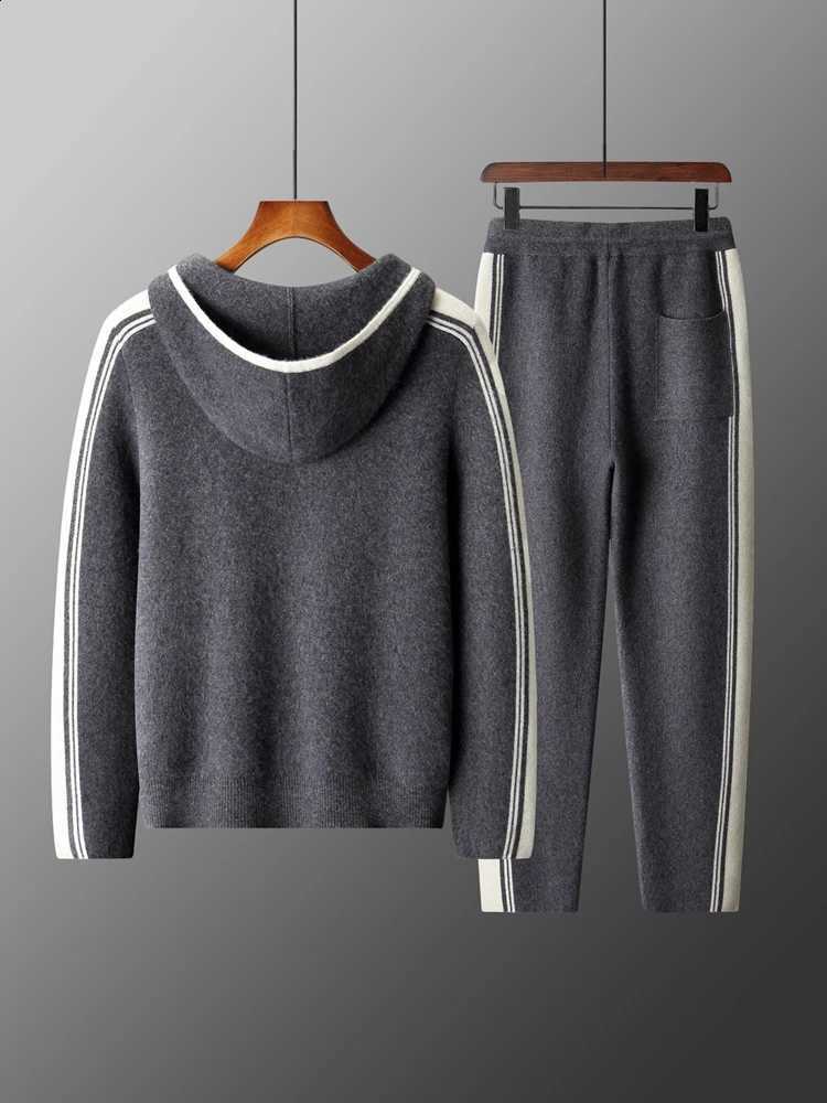 100% Merino Wool Two-piece Men's Sets Hooded Collar Zipper Cardigan and Straight-leg Pant Autumn Winter Thickened Knit Clothing N260914