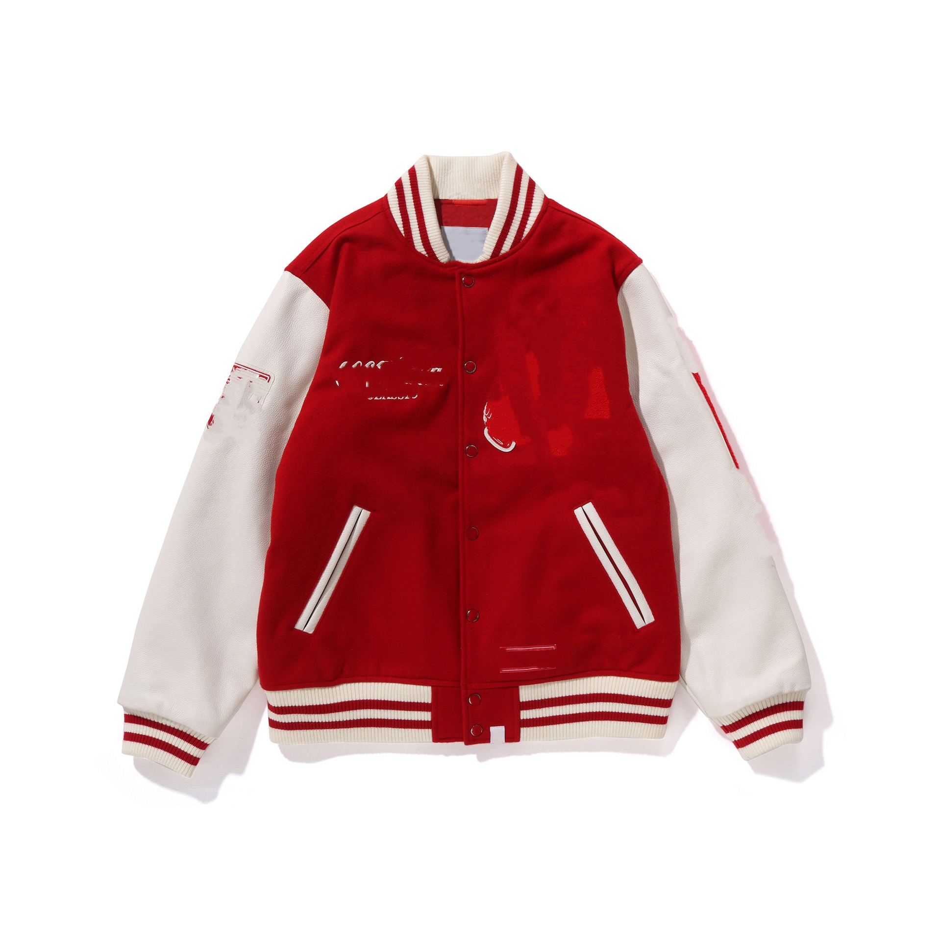B American-style retro wool and leather-spliced baseball jacket with embroidered loose school team coat