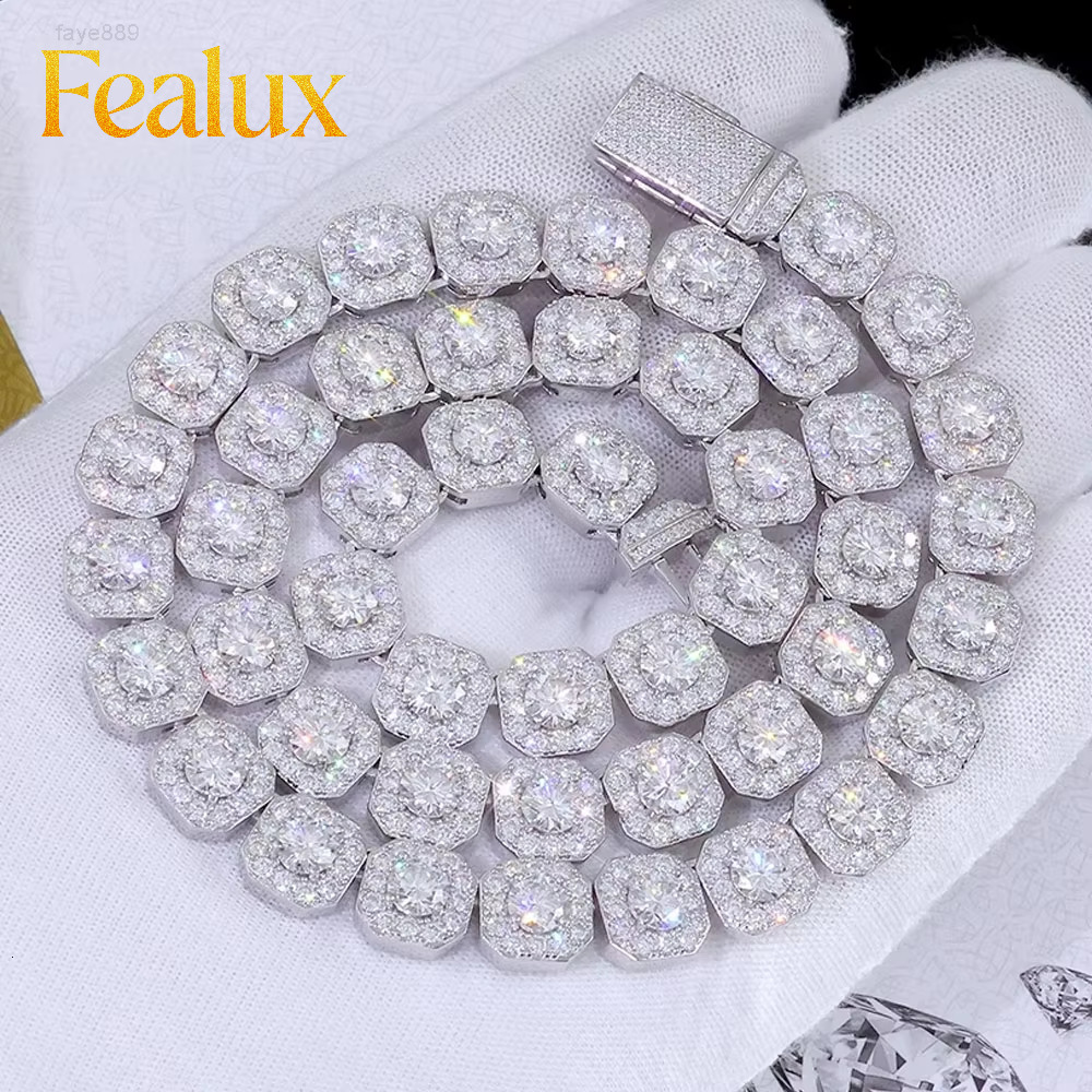 Fealux Fine Vvs Moissanite Diamond Necklace Cluster Flower 10mm 12mm Width Customized Length Tennis Chain 925 Gold Plat