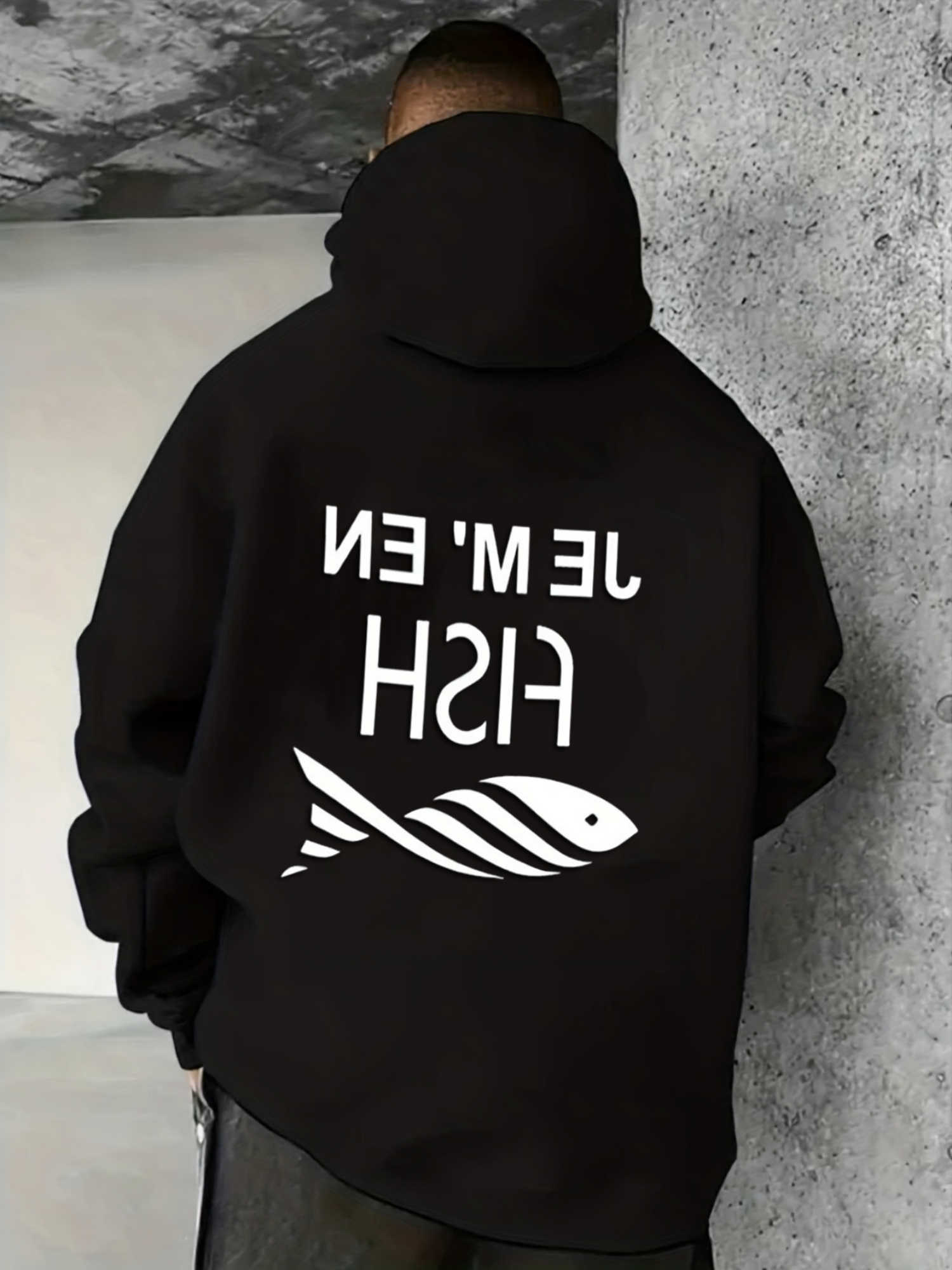 black pullover hooded sweatshirt Men's with fish-shaped word game pattern print kangaroo pockets Y2K style casual top. D260915