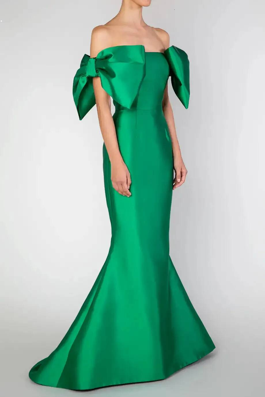 Elegant Long Satin Green Evening With Bows Mermaid Strapless Pleated Zipper Back Prom Dresses Robe De Soiree Formal Party Gown for Women