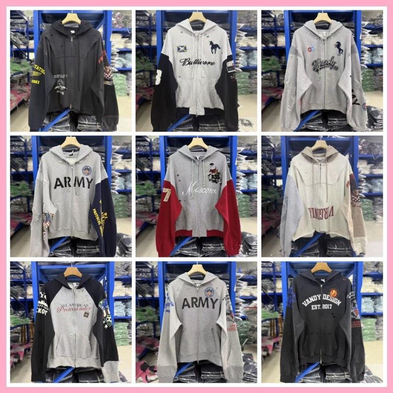 Protocole indice En détresse Patchwork Warhorse Brodé Zip-Up Sweat À Capuche Unisexe Casual Loose Fit Coton Streetwear Sweat Hommes Femmes À Manc